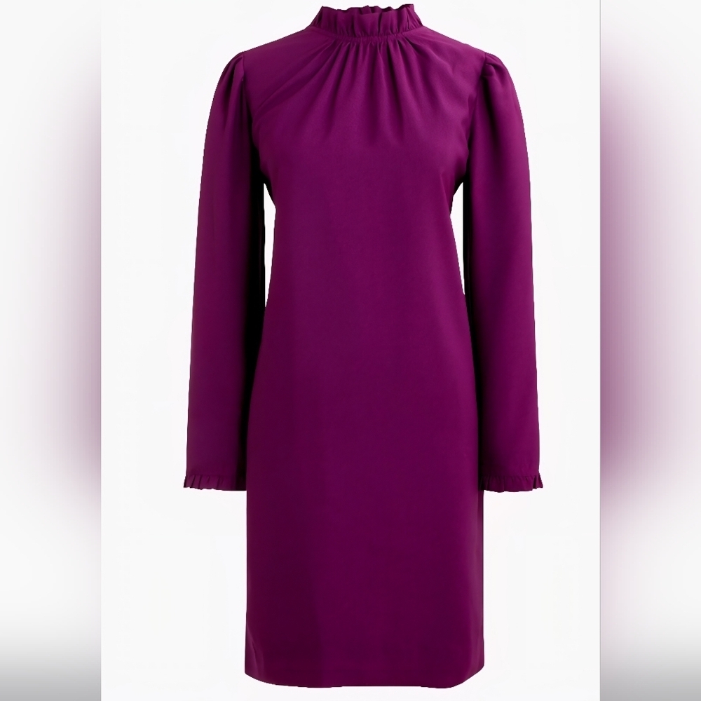 J.CREW Ruffleneck Mini Shift Dress Purple Long Sleeve Lined Size 4